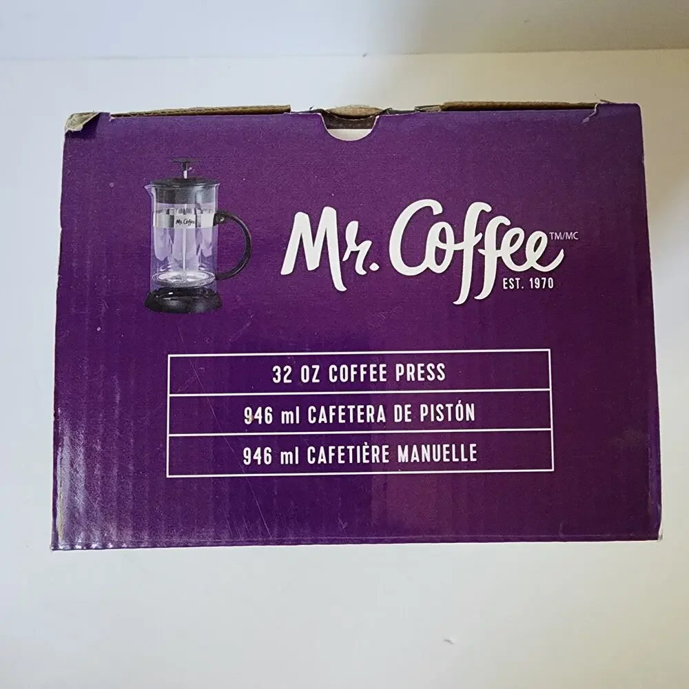 Mr Coffee French Press 32 oz 946 ml Black Glass Stainless Steel Scoop Open Box